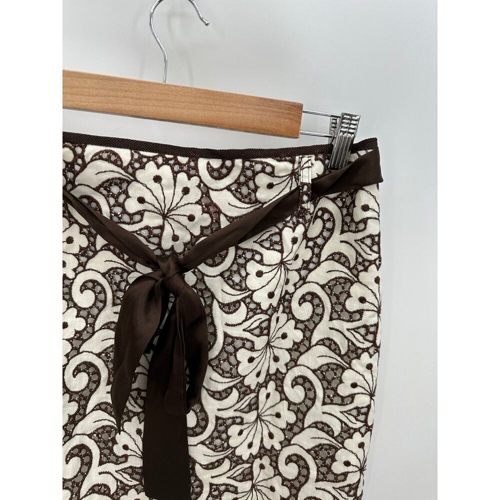 Cynthia Cynthia Steffe Brown White Linen Cotton Embroidered Knee Length Skirt 6 - Picture 4 of 7